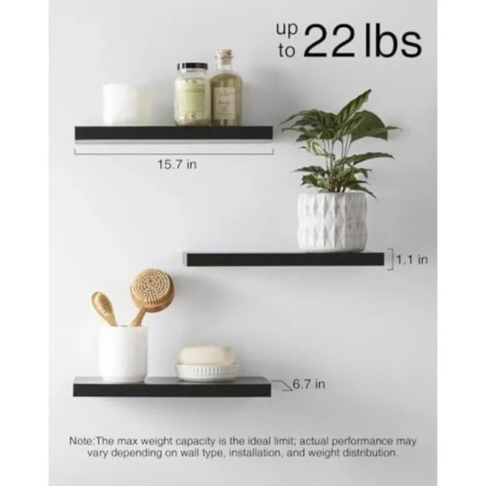 New Set of 3 Rustic Wood Hanging Floating Wall Shelves for Storage - Black